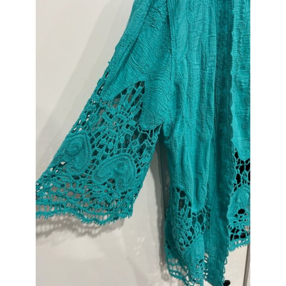 Farmers Market By Oneworld Lace Trim Open Front Cardigan Teal Sz Large Crinkle - Picture 4 of 10